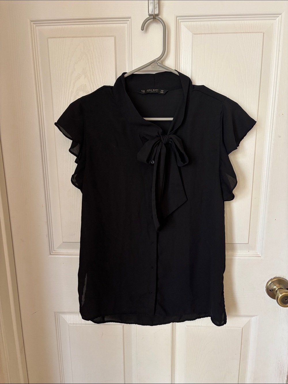 Zara Black Tie-Neck Ruffle-Sleeve Blouse